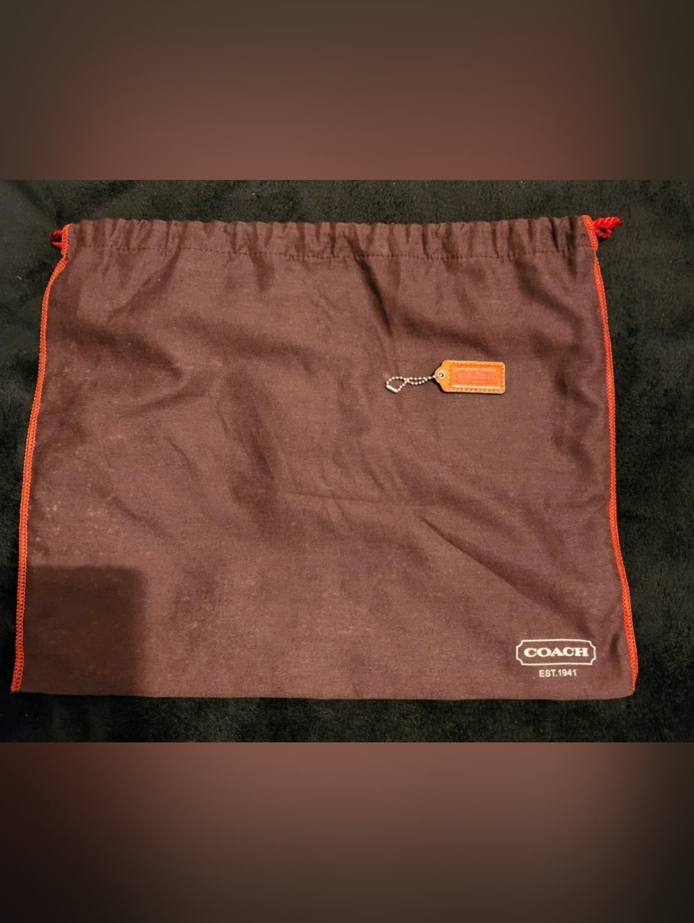 Coach Vintage Brown Dust Bag with Red Trim and Red Leather Hang Tag